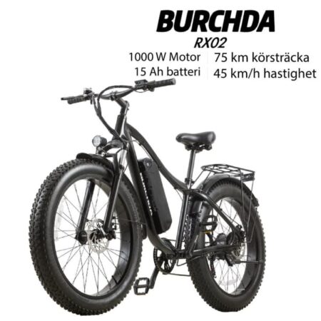 BURCHDA RX02 1000W 45KM/T 26 tommer Mountainbike Elcykel 48V15AH Lithiumbatteri Fatbike Elcykel til voksne Motorcykler