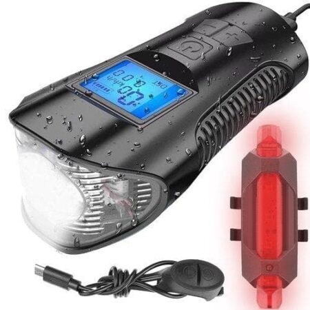 Cykellygte LED med Hastighedsmåler & Ur - For- og Baglys