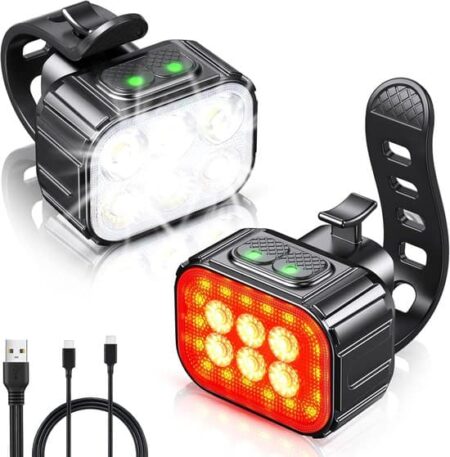 Cykellygte forlygte, USB genopladelig, IP65 vandtæt, LED med spotlight, 8+12 tilstande, super lysstærk, til for- og bagbelysning