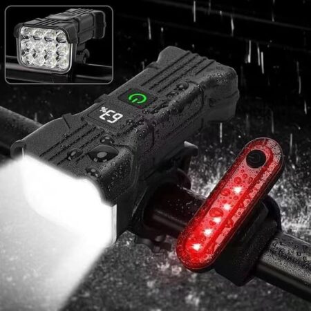 Cykellygter, 12 LED'er, for/bag, genopladelige, IP65, 1800mAh, 9500 lumen, 6+5 tilstande
