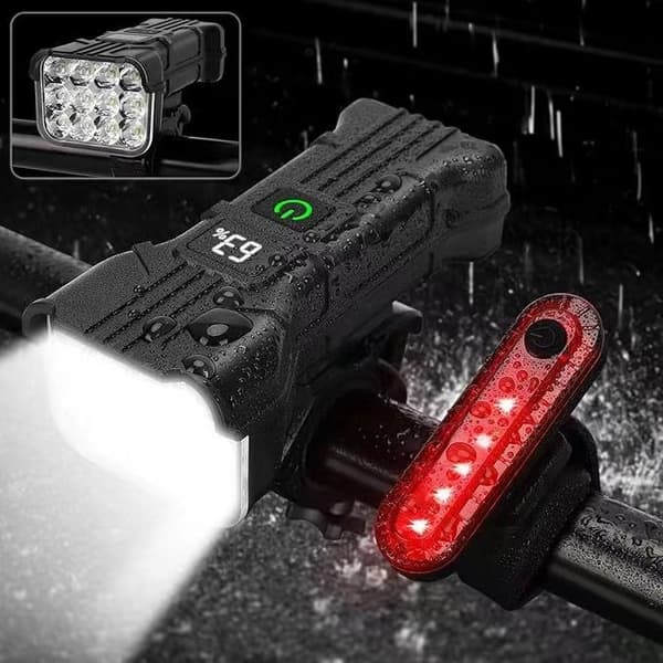 Cykellygter, 12 LED'er, for/bag, genopladelige, IP65, 1800mAh, 9500 lumen, 6+5 tilstande Cykellygter, 12 LED'er, for/bag, genopladelige, IP65, 1800mAh, 9500 lumen, 6+5 tilstande