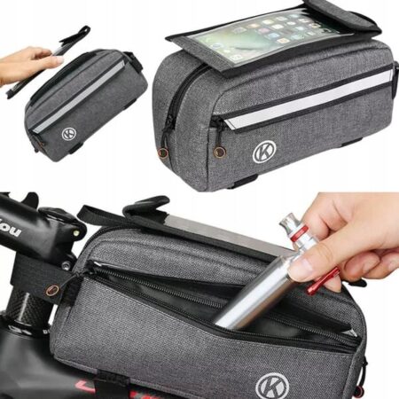 Cykeltaske til ramme med smartphone-etui, grå, to rum