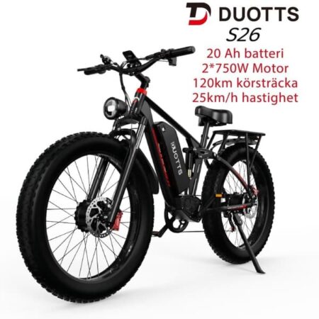 DUOTTS S26 20AH batteri, 120 km rækkevidde, 2*750W motor, SHIMANO 7-trins gear, hydrauliske skivebremser, elcykel