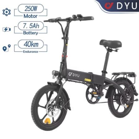 DYU A1F Pro elcykel, rækkevidde 40 km, maksimal hastighed 25 km/t, motor 500W, batteri 36V 7,5Ah, fuldt foldelig, sort