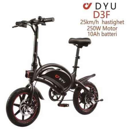 DYU D3F 14-tommer City Elcykel, Tophastighed 25 km/t, Dobbelte Skivebremser, 36V 10AH, Maksimal belastning 120 kg, 250W Motor - Sort
