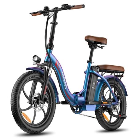 FAFREES F20 Pro elcykel, 250W motor, maks. 25 km/t, 20*3.0 dæk, 7 gear, foldbar, skivebremser, livlig blå-lilla farve.