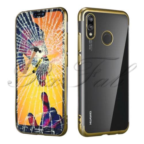 Huawei Y7 (2019) Shockproof Bumper Gel Phone Case Cover + Tempered Glass (Gold)