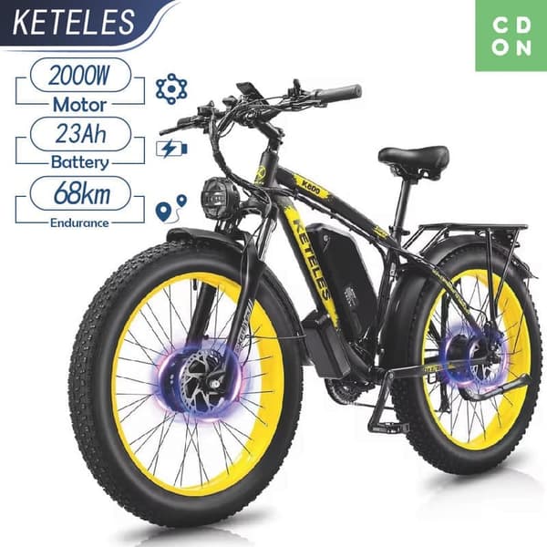 KETELES k800 48V 23Ah batteri Shimano 21-trins 26*4,0 tommer fedt dæk 2000W dobbeltmotor aluminiumslegeringsramme Mountain Electric Bike-sort og gul KETELES k800 48V 23Ah batteri Shimano 21-trins 26*4,0 tommer fedt dæk 2000W dobbeltmotor aluminiumslegeringsramme Mountain Electric Bike-sort og gul