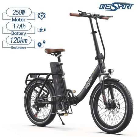 ONESPORT OT16-2 elcykel, 250W motor 25 km / t maks. hastighed, 48V 17Ah batteri, 20" dæk, mekaniske skivebremser - sort