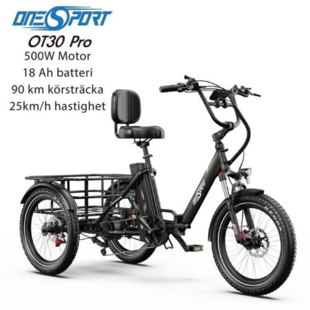 ONESPORT OT30 Pro 500W, 18Ah aftageligt batteri, 20 x 3,0 tommer dæk, hydrauliske skivebremser, sammenklappelig elektrisk trehjulet sort
