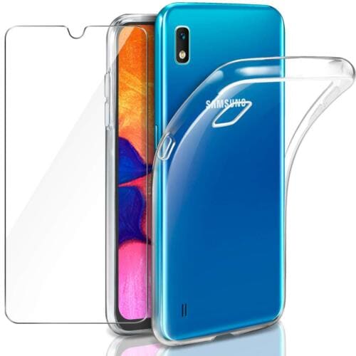 Samsung Galaxy A10 SM-A105F Slim Silicone Phone Case Cover + Tempered Glass 100% All (Clear)