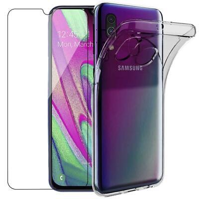 Samsung Galaxy A40 SM-A405F Slim Silicone Phone Case Cover + Tempered Glass 100% All (Clear)