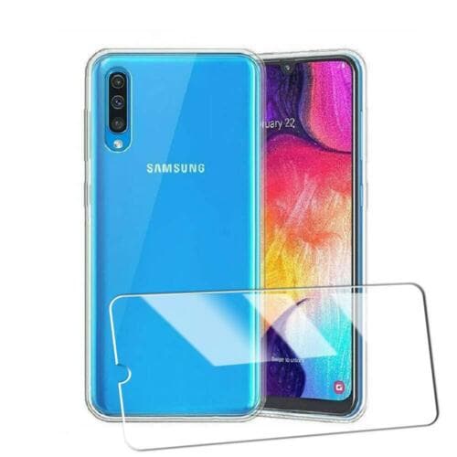 Samsung Galaxy A50 SM-A505F Phone Case Cover Slim Metallic Gel + Tempered Glass 100% All (Clear)