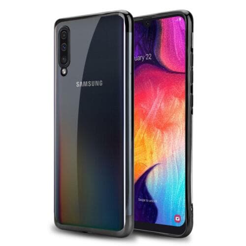Samsung Galaxy A50 SM-A505F Plated Frame Phone Case Cover + Tempered Glass (Black)