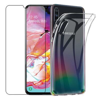 Samsung Galaxy A70 SM-A705F Phone Case Metallic Gel Cover + Tempered Glass 100% All (Clear)