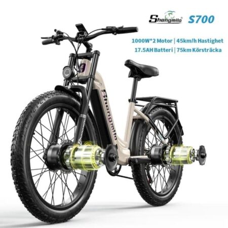 Shengmilo S700 1000W*2 & 17,5AH elcykel til voksne, 45 km/t og 75 km rækkevidde, 26*3,0 tykke dæk, dobbeltmotorer