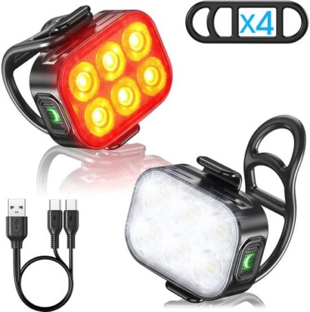 Slanke, genopladelige for- og baglygter til cykel, [5+6 tilstande] dobbelte USB-C LED-cykellygter, IP65 vandtæt for- og baglygte, velegnet til