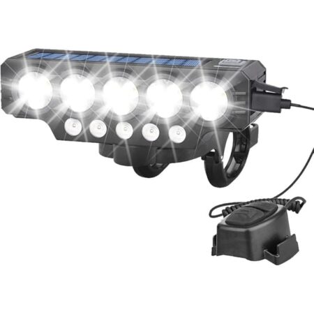 Superklar cykelforlygte, genopladelig solcelle LED-cykellygte, USB-lommelygte med højttaler og justerbar stråle.