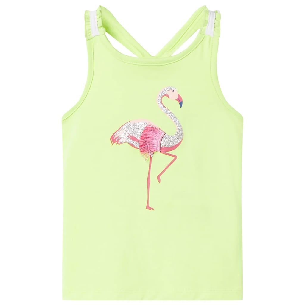 Tanktop til børn str. 128 - neongul med glitter-flamingo Tanktop til børn str. 128 - neongul med glitter-flamingo