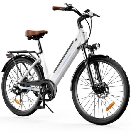 iScooter UcityS Hvid - Fabriksdirekte: 250W elcykel med 25 km/t, 36V 13Ah batteri, 90 km rækkevidde, 26" fedtdæk, 7 gear - perfekt til pendlere og eventyr i al slags terræn